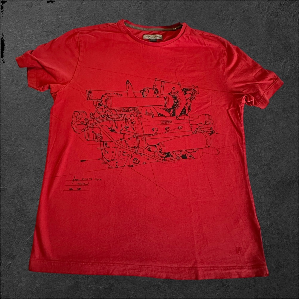 Scuderia Ferrari T-Shirt Mens Large Red Engine Schematic Graphic Tee